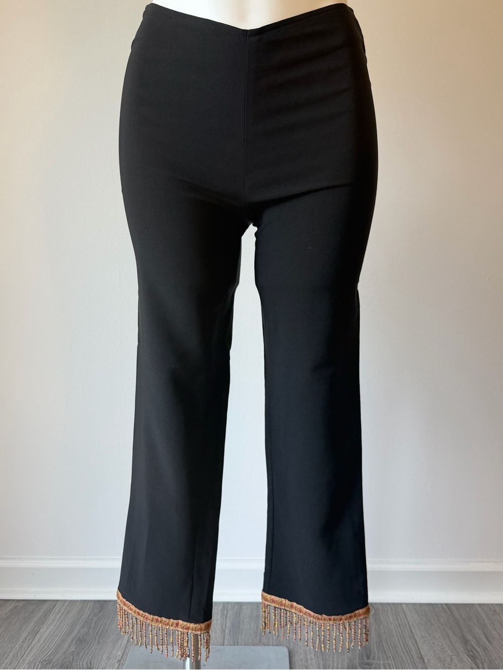 Women's Black Beaded Hem Straight-Leg Pants